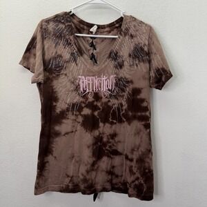 AFFLICTION Women's Top Brown Angel Wings Rhinestones Lace Up Punk Grunge Y2K L